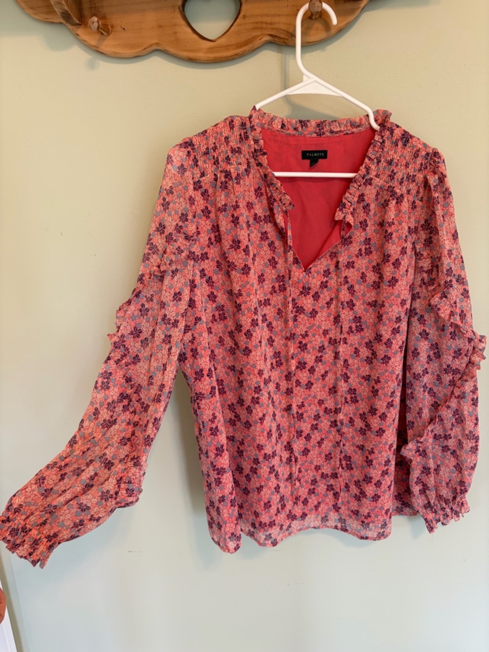 Talbots Pink Floral Smocked V-Neck Blouse